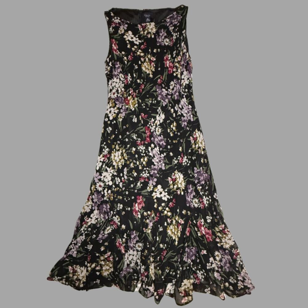 Chaps Ralph Lauren Black Floral Chiffon Midi Dress Size 10 Ruffle Hem
